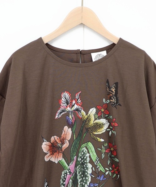 ScoLar(スカラー)の「162703:熱帯花柄 袖ギャザー入りTシャツ(Tシャツ/カットソー・レディース・ブラック/レッド/ブラウン/オフホワイト・M)」の10枚目の写真