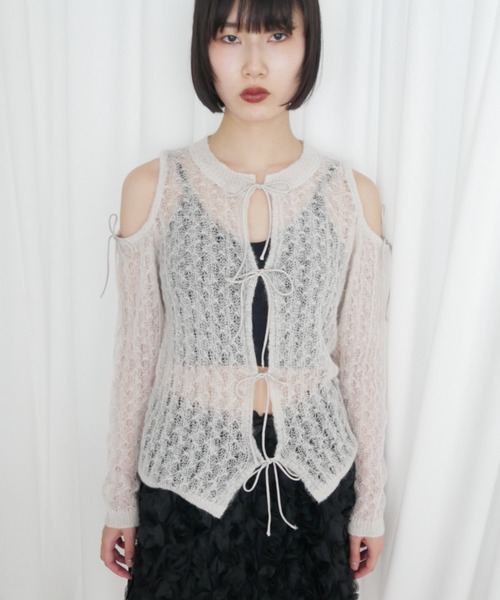 HONEY MI HONEY（ハニーミーハニー）の「sheer mohair ribbon tops（ニット/セーター・レディース・ピンク/ライトグレー/ブラック/ピンクベージュ・FREE）」の3枚目の写真