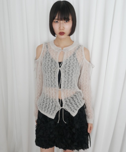 HONEY MI HONEY（ハニーミーハニー）の「sheer mohair ribbon tops（ニット/セーター・レディース・ピンク/ライトグレー/ブラック/ピンクベージュ・FREE）」の10枚目の写真