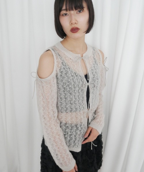 HONEY MI HONEY（ハニーミーハニー）の「sheer mohair ribbon tops（ニット/セーター・レディース・ピンク/ライトグレー/ブラック/ピンクベージュ・FREE）」の9枚目の写真