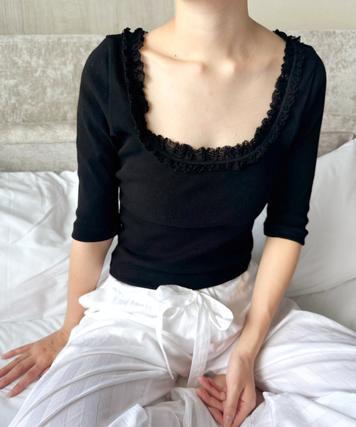 EDIT. FOR LULU（エディットフォールル）の「コットンレーストリム ハーフスリーブトップ（Tシャツ/カットソー・レディース・ブラック/ホワイト・FREE）」の18枚目の写真