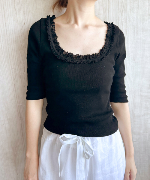 EDIT. FOR LULU（エディットフォールル）の「コットンレーストリム ハーフスリーブトップ（Tシャツ/カットソー・レディース・ブラック/ホワイト・FREE）」の20枚目の写真