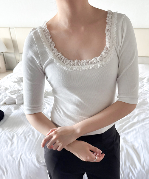 EDIT. FOR LULU（エディットフォールル）の「コットンレーストリム ハーフスリーブトップ（Tシャツ/カットソー・レディース・ブラック/ホワイト・FREE）」の11枚目の写真