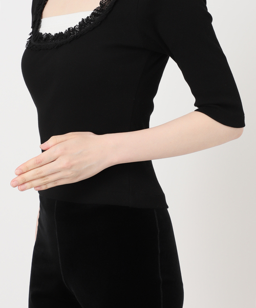 EDIT. FOR LULU（エディットフォールル）の「コットンレーストリム ハーフスリーブトップ（Tシャツ/カットソー・レディース・ブラック/ホワイト・FREE）」の7枚目の写真