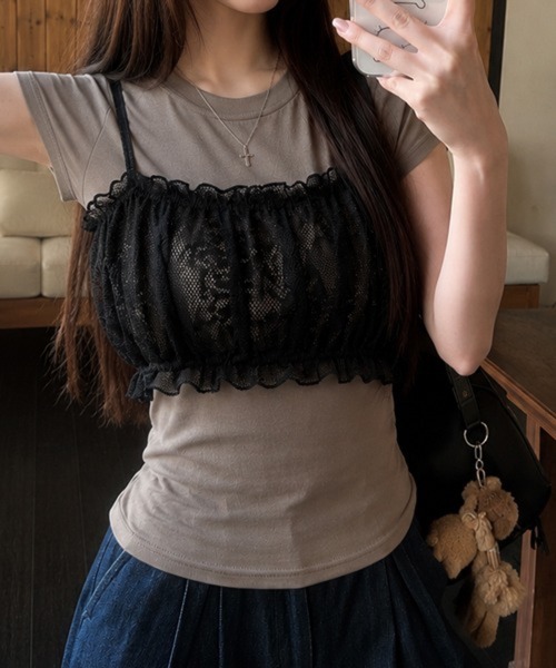 Chiina(チーナ)の「【Chiina】レースビスチェドッキング半袖トップス(Tシャツ/カットソー・レディース・ホワイト/ブラック・FREE)」の4枚目の写真