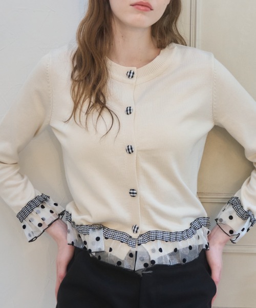 Birthday room(バースデイルーム)の「ギンガムチェックボタンフリルCD/Gingham Check Button-Front Ruffled Cardigan(カーディガン/ボレロ・レディース・ネイビー/グレー/アイボリー・FREE)」の2枚目の写真