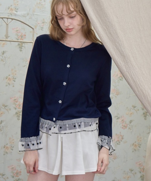 Birthday room(バースデイルーム)の「ギンガムチェックボタンフリルCD/Gingham Check Button-Front Ruffled Cardigan(カーディガン/ボレロ・レディース・ネイビー/グレー/アイボリー・FREE)」の7枚目の写真