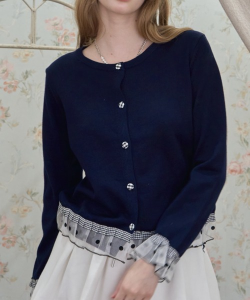 Birthday room(バースデイルーム)の「ギンガムチェックボタンフリルCD/Gingham Check Button-Front Ruffled Cardigan(カーディガン/ボレロ・レディース・ネイビー/グレー/アイボリー・FREE)」の8枚目の写真
