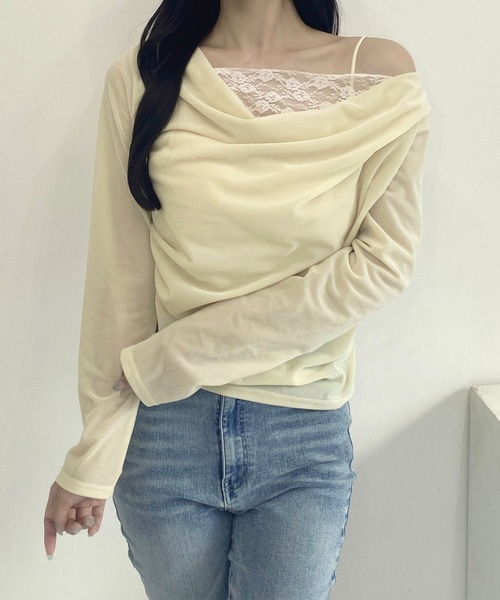 SOELA(ソエラ)の「【INGNI SOELA】レースドッキングベロアトップス/WEB限定(Tシャツ/カットソー・レディース・グレー系その他/ブラック/アイボリー・FREE)」の5枚目の写真