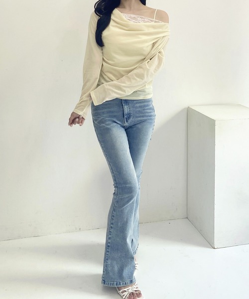 SOELA(ソエラ)の「【INGNI SOELA】レースドッキングベロアトップス/WEB限定(Tシャツ/カットソー・レディース・グレー系その他/ブラック/アイボリー・FREE)」の7枚目の写真