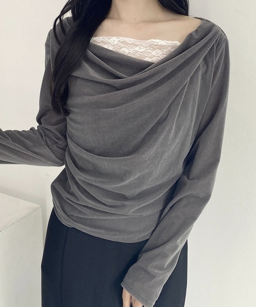 SOELA(ソエラ)の「【INGNI SOELA】レースドッキングベロアトップス/WEB限定(Tシャツ/カットソー・レディース・グレー系その他/ブラック/アイボリー・FREE)」の13枚目の写真