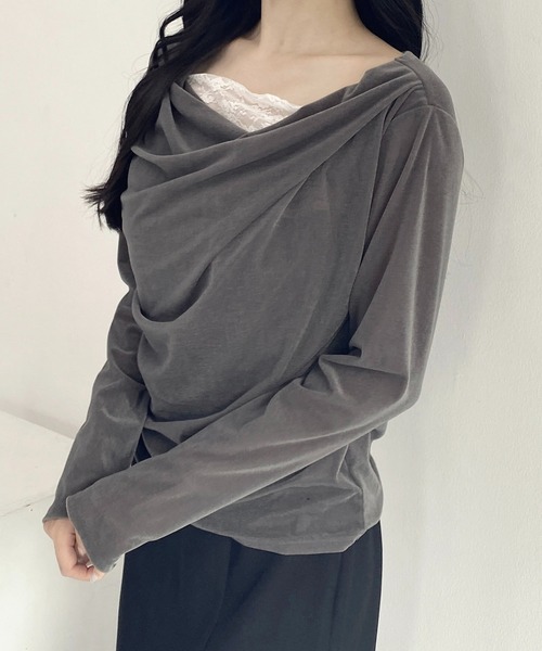 SOELA(ソエラ)の「【INGNI SOELA】レースドッキングベロアトップス/WEB限定(Tシャツ/カットソー・レディース・グレー系その他/ブラック/アイボリー・FREE)」の14枚目の写真