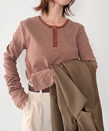 【8色展開】前後2WAY ヘンリーネック細ボーダーロンT 26AW新作 秋服 冬服 レイヤード 紅葉 お出かけ