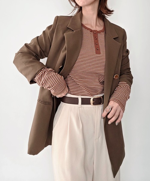 styiro（スタイロ）の「【8色展開】前後2WAY ヘンリーネック細ボーダーロンT 26AW新作 秋服 冬服 レイヤード 紅葉 お出かけ（Tシャツ/カットソー・レディース・イエロー/ピンク/オートミール/ブラウン/チャコールグレー/ホワイト/ネイビー/ブラック・FREE）」の18枚目の写真