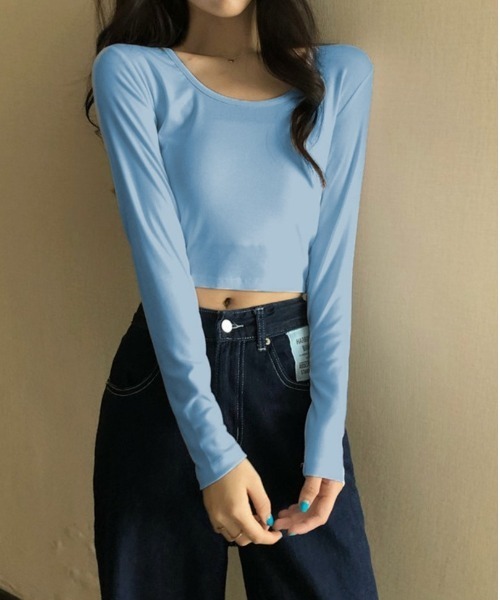BACKYARD FAMILY(バックヤードファミリー)の「シンプルトップス Uネック 長袖Tシャツ(Tシャツ/カットソー・レディース・ブルー/ホワイト・L/M)」の1枚目の写真