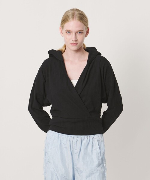 NICE WEATHER(ナイスウェザー)の「<NICE WEATHER>カシュクールフーディ プルオーバー(Tシャツ/カットソー・レディース・ライトグレー/ブラック・FREE)」の2枚目の写真