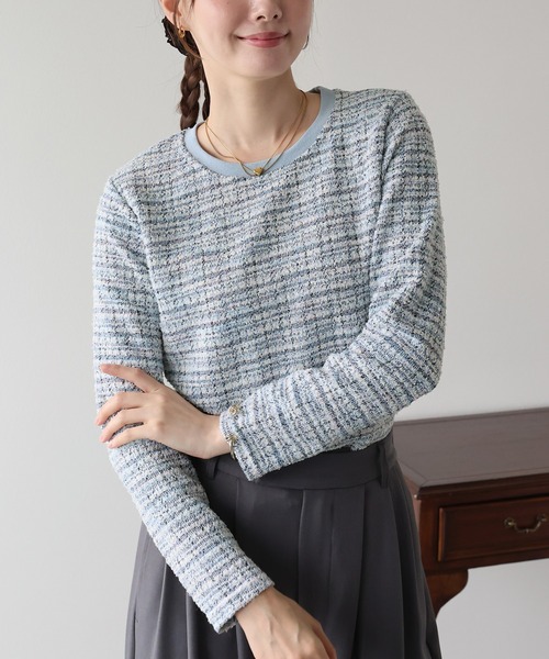 BLUEEAST（ブルーイースト）の「ツイードロングTシャツ（Tシャツ/カットソー・レディース・ブラック/ネイビー/ブルー・MEDIUM）」の5枚目の写真