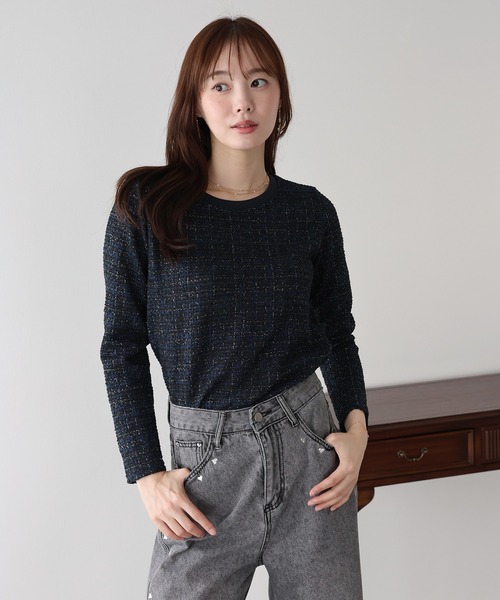 BLUEEAST（ブルーイースト）の「ツイードロングTシャツ（Tシャツ/カットソー・レディース・ブラック/ネイビー/ブルー・MEDIUM）」の7枚目の写真