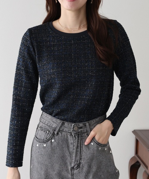 BLUEEAST（ブルーイースト）の「ツイードロングTシャツ（Tシャツ/カットソー・レディース・ブラック/ネイビー/ブルー・MEDIUM）」の14枚目の写真