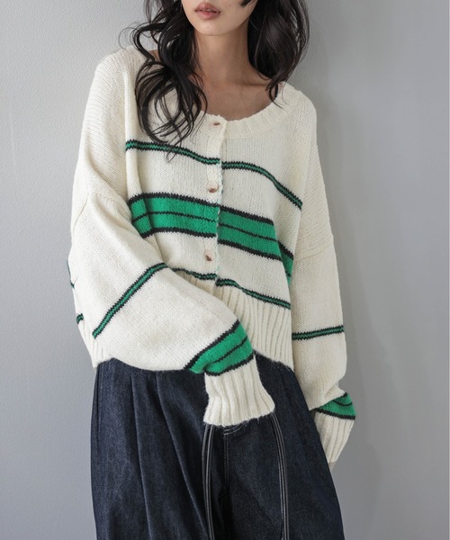AMELY(エミリー)の「マルチボーダーニットカーディガン/羽織り/ショート丈(カーディガン/ボレロ・レディース・グリーン/グレー/ブルー/ブラウン・フリー)」の3枚目の写真