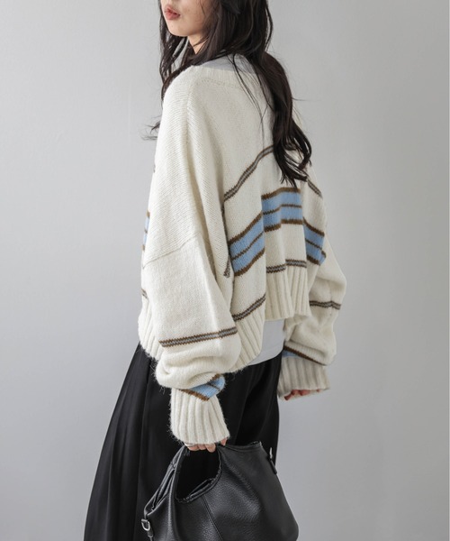 AMELY(エミリー)の「マルチボーダーニットカーディガン/羽織り/ショート丈(カーディガン/ボレロ・レディース・グリーン/グレー/ブルー/ブラウン・フリー)」の5枚目の写真