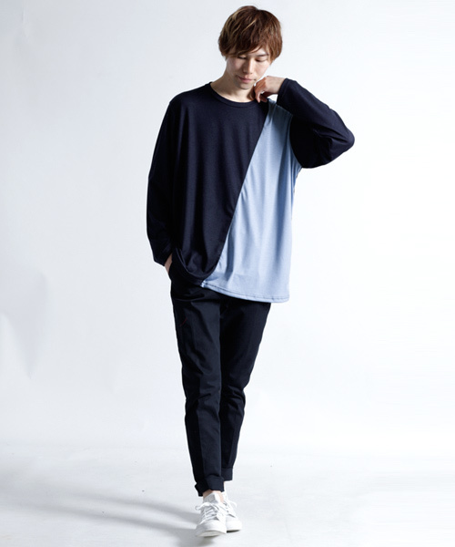 MONO-MART(モノマート)の「斜め切り替えバイカラーBIGドルマンカットソー(Tシャツ/カットソー・メンズ・グレー系その他/グリーン系その他/ブルー系その他/ホワイト系その他/パープル系その他/ブルー系その他2・FREE)」の13枚目の写真