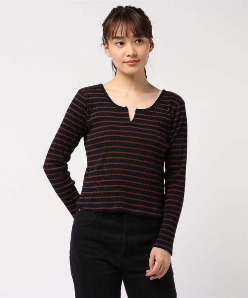 one way(ワンウェイ)の「ハリヌキボーダーテレコTOPS(Tシャツ/カットソー・レディース・ホワイト/ライトグリーン/ライトブラウン/ダークブルー・M)」の4枚目の写真