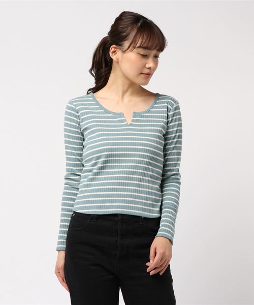 one way(ワンウェイ)の「ハリヌキボーダーテレコTOPS(Tシャツ/カットソー・レディース・ホワイト/ライトグリーン/ライトブラウン/ダークブルー・M)」の3枚目の写真