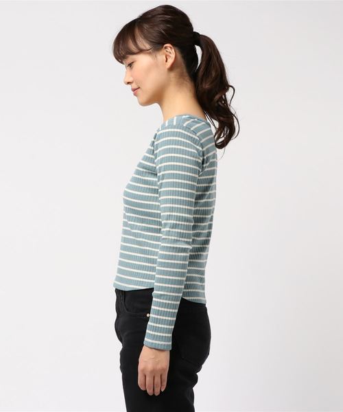 one way(ワンウェイ)の「ハリヌキボーダーテレコTOPS(Tシャツ/カットソー・レディース・ホワイト/ライトグリーン/ライトブラウン/ダークブルー・M)」の5枚目の写真