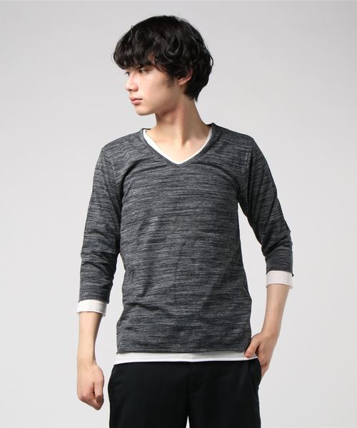 VIBGYOR(ヴィブジョー)の「VIBGYOR Select/ アンサンブル Vネック 7分袖Tシャツ (BL)(Tシャツ/カットソー・メンズ・グレー/ネイビー/ワイン/ホワイト/ブラック・MEDIUM/LARGE/X-LARGE)」の1枚目の写真