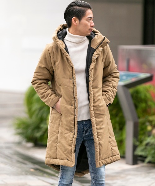 Beno(ビーノ)の「マイクロファイバーダウン 中綿 / ウーリー フーディーブルゾン(ロング丈)(ダウンジャケット/コート)」|ベージュ