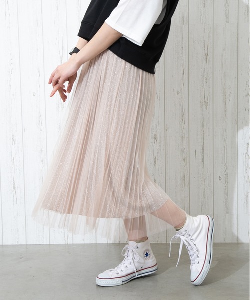 SpRay（スプレイ）の「ラメチュールスカート（スカート・レディース・ブラック/ベージュ/サックスブルー/アイボリー・FREE）」の4枚目の写真