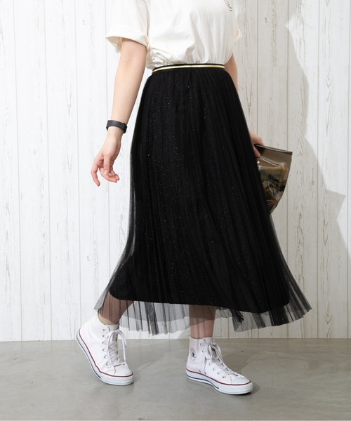 SpRay（スプレイ）の「ラメチュールスカート（スカート・レディース・ブラック/ベージュ/サックスブルー/アイボリー・FREE）」の3枚目の写真