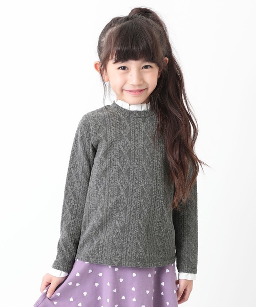 devirock（デビロック）の「ケーブルジャガードフリル長袖Tシャツ（Tシャツ/カットソー・キッズ・パープル系その他/モカ/ワイン/ヘザーチャコール/ブラック・140cm/100cm/120cm/130cm/110cm/80ｃｍ/90cm/160cm/150cm）」の3枚目の写真