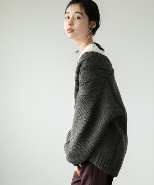 LOWRYS FARM（ローリーズファーム）の「１．５Ｇケーブルカーディガン　897277（カーディガン/ボレロ・レディース・ダークブラウン/グレー/アイボリー・FREE）」の7枚目の写真