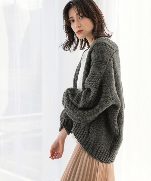 定番　グレー プリーツデザイン カーディガン ダブルジップケーブル編みニットカーディガン[ab157f] | レディース