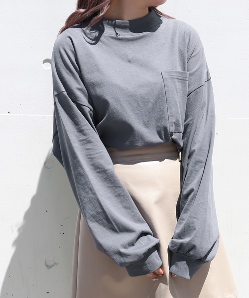 PairPair（ペアペア）の「ポケ付きモックネックロンT(ユニセックス)（Tシャツ/カットソー・レディース・スミクロ/モカ/ブルーグレー/ブラウン/オフホワイト/グレイッシュベージュ・FREE）」の19枚目の写真