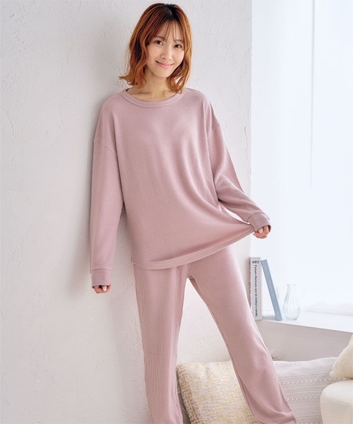 温活】ふんわりワッフル 腹巻付き ルームウェア 長袖 上下