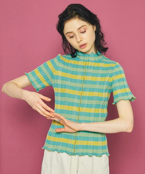 INella（イネラ）の「【INella(イネラ)】マルチチェックニットトップス（Tシャツ/カットソー・レディース・ホワイト/オレンジ/ブルー・FREE）」の2枚目の写真