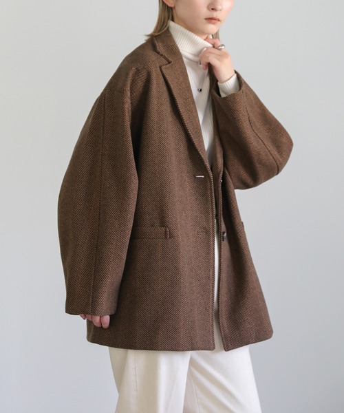 ウインターヘリンボーンジャケット　モカ ヘリンボーンカーブスリーブジャケット（テーラードジャケット