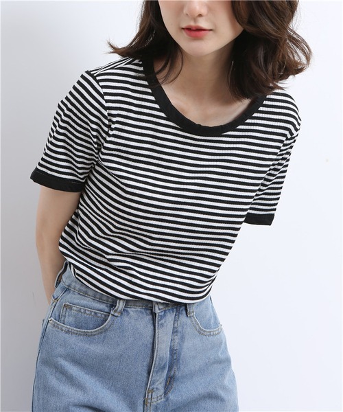 MAISON DE THERESE(メゾン ド テレーズ)の「配色パイピングカットソーボーダーTシャツ(Tシャツ/カットソー・レディース・ブラウン/グリーン/ブラック・L/S/M)」の2枚目の写真
