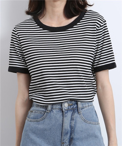 MAISON DE THERESE(メゾン ド テレーズ)の「配色パイピングカットソーボーダーTシャツ(Tシャツ/カットソー・レディース・ブラウン/グリーン/ブラック・L/S/M)」の5枚目の写真