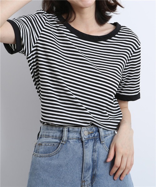 MAISON DE THERESE(メゾン ド テレーズ)の「配色パイピングカットソーボーダーTシャツ(Tシャツ/カットソー・レディース・ブラウン/グリーン/ブラック・L/S/M)」の6枚目の写真