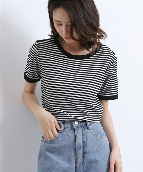 MAISON DE THERESE(メゾン ド テレーズ)の「配色パイピングカットソーボーダーTシャツ(Tシャツ/カットソー・レディース・ブラウン/グリーン/ブラック・L/S/M)」の4枚目の写真