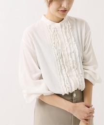 コットンレーヨンボイルフリル長袖ブラウス◆