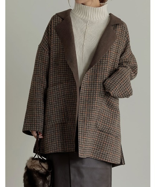 Re:EDIT（リエディ）の「オーバーサイズダブルフェイスチェック柄ミドルコート（チェスターコート・レディース・モカ/ブラック/グレイッシュベージュ/ブラウン・MEDIUM）」の3枚目の写真