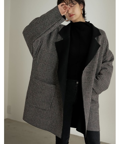 Re:EDIT（リエディ）の「オーバーサイズダブルフェイスチェック柄ミドルコート（チェスターコート・レディース・モカ/ブラック/グレイッシュベージュ/ブラウン・MEDIUM）」の5枚目の写真