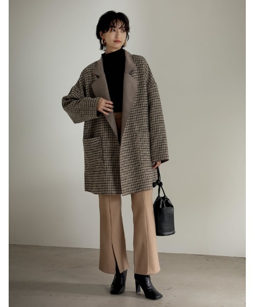 Re:EDIT（リエディ）の「オーバーサイズダブルフェイスチェック柄ミドルコート（チェスターコート・レディース・モカ/ブラック/グレイッシュベージュ/ブラウン・MEDIUM）」の11枚目の写真