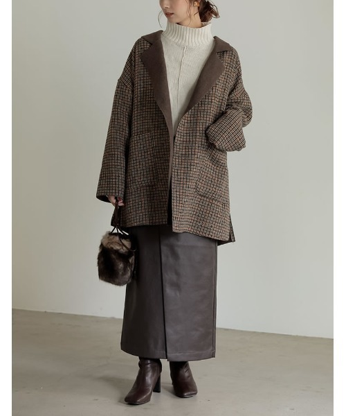 Re:EDIT（リエディ）の「オーバーサイズダブルフェイスチェック柄ミドルコート（チェスターコート・レディース・モカ/ブラック/グレイッシュベージュ/ブラウン・MEDIUM）」の14枚目の写真