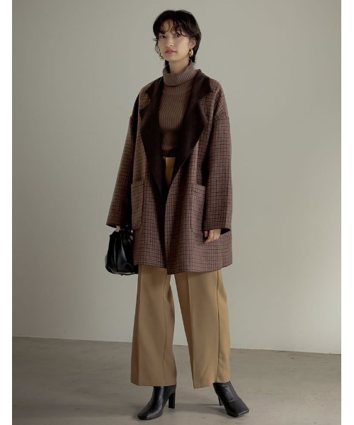 Re:EDIT（リエディ）の「オーバーサイズダブルフェイスチェック柄ミドルコート（チェスターコート・レディース・モカ/ブラック/グレイッシュベージュ/ブラウン・MEDIUM）」の19枚目の写真